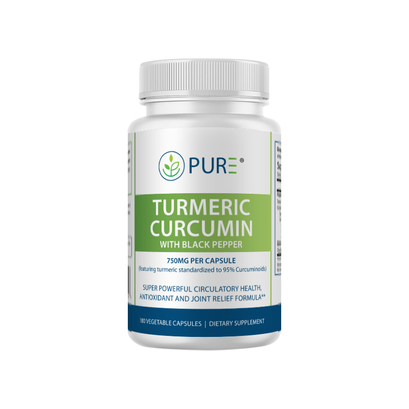 Front view of a white bottle of PURE® Turmeric Curcumin with Black Pepper dietary supplement. The label highlights 750mg per capsule with turmeric standardized to 95% curcuminoids. Claims include circulatory health, antioxidant support, and joint relief. Contains 180 vegetable capsules.