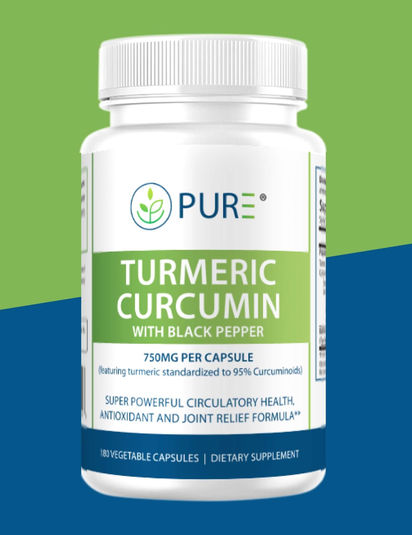 Bottle of PURE® Turmeric Curcumin with Black Pepper dietary supplement featuring 750mg per capsule, designed to support joint comfort, antioxidant protection, and circulatory health. The label highlights turmeric standardized to 95% curcuminoids, and promotes superior absorption. White bottle with green and blue accents, containing 180 vegetable capsules.