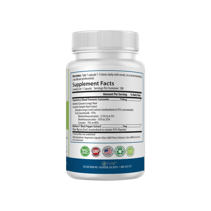 Right side of the PURE® Turmeric Curcumin with Black Pepper bottle, showing Supplement Facts. Highlights 750mg proprietary turmeric curcumin blend per capsule, standardized to 95% curcuminoids, and includes 5mg BioPerine® black pepper extract. Displays certification icons including Non-GMO, GMP, Made in USA, and third-party tested.