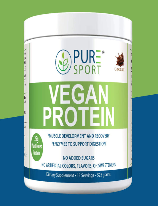 Front view of a PURE® Sport Vegan Protein container in chocolate flavor. The label highlights key benefits such as 25g of plant-based protein per serving, support for muscle development and digestion, no added sugars, and no artificial colors, flavors, or sweeteners. The product is shown against a vibrant green and blue background, with a chocolate swirl graphic indicating flavor. Text also notes 15 servings per container (525 grams).