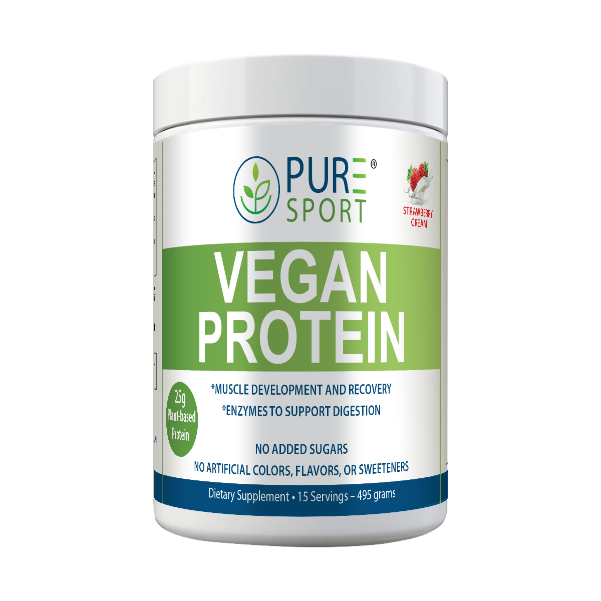 Front view of PURE® Sport Vegan Protein container in Strawberry Cream flavor. The label emphasizes benefits like muscle development and recovery, digestive enzyme support, and 25g of plant-based protein per serving. It highlights that the formula contains no added sugars or artificial colors, flavors, or sweeteners. The container includes 15 servings (495 grams).