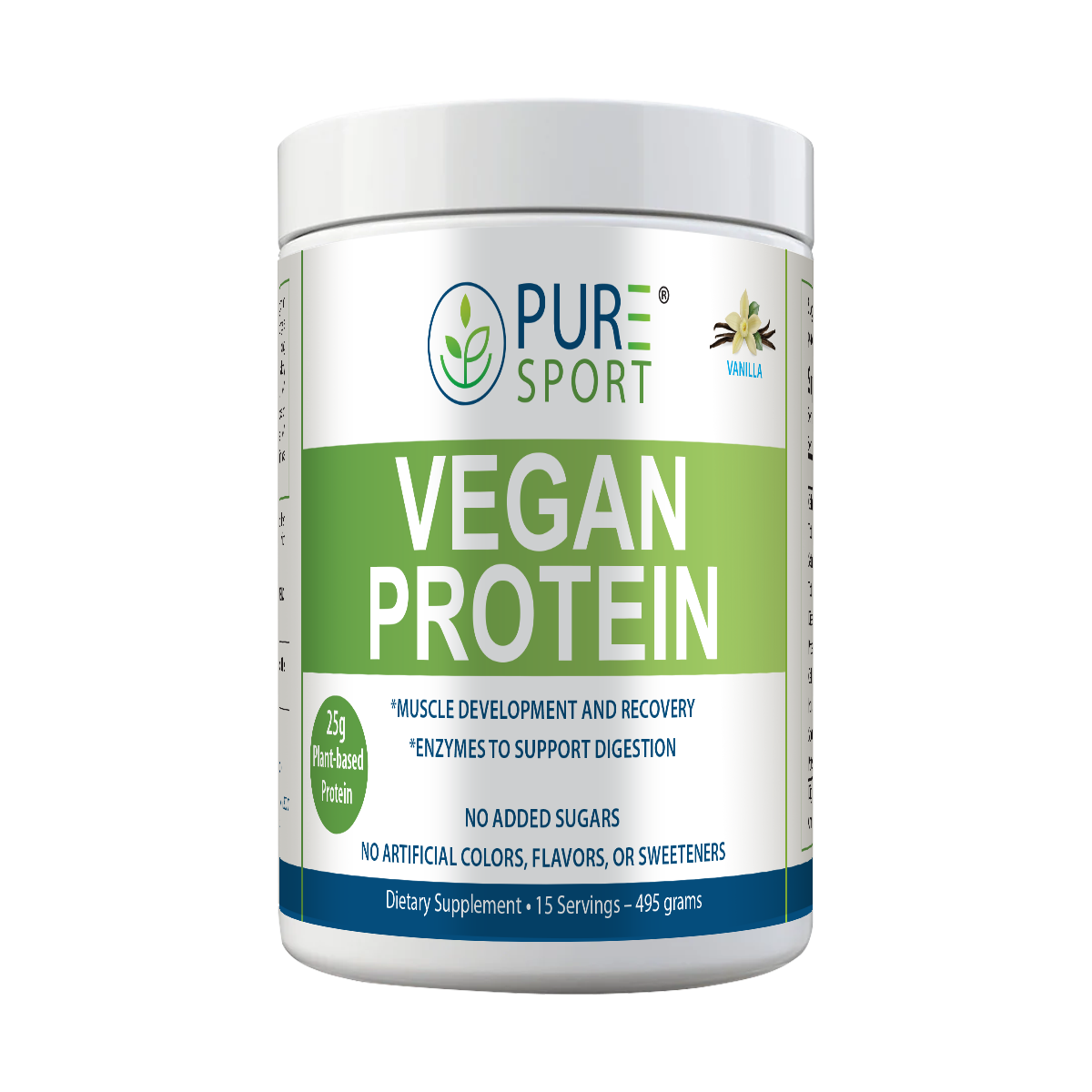 Front view of a PURE® Sport Vegan Protein container in Vanilla flavor, featuring a clean white label with green and blue accents. The label highlights key benefits: 25g plant-based protein, support for muscle development and digestion, no added sugars, and no artificial colors, flavors, or sweeteners. Vanilla flower and bean imagery appears near the flavor label. The container indicates 15 servings and a net weight of 495 grams.