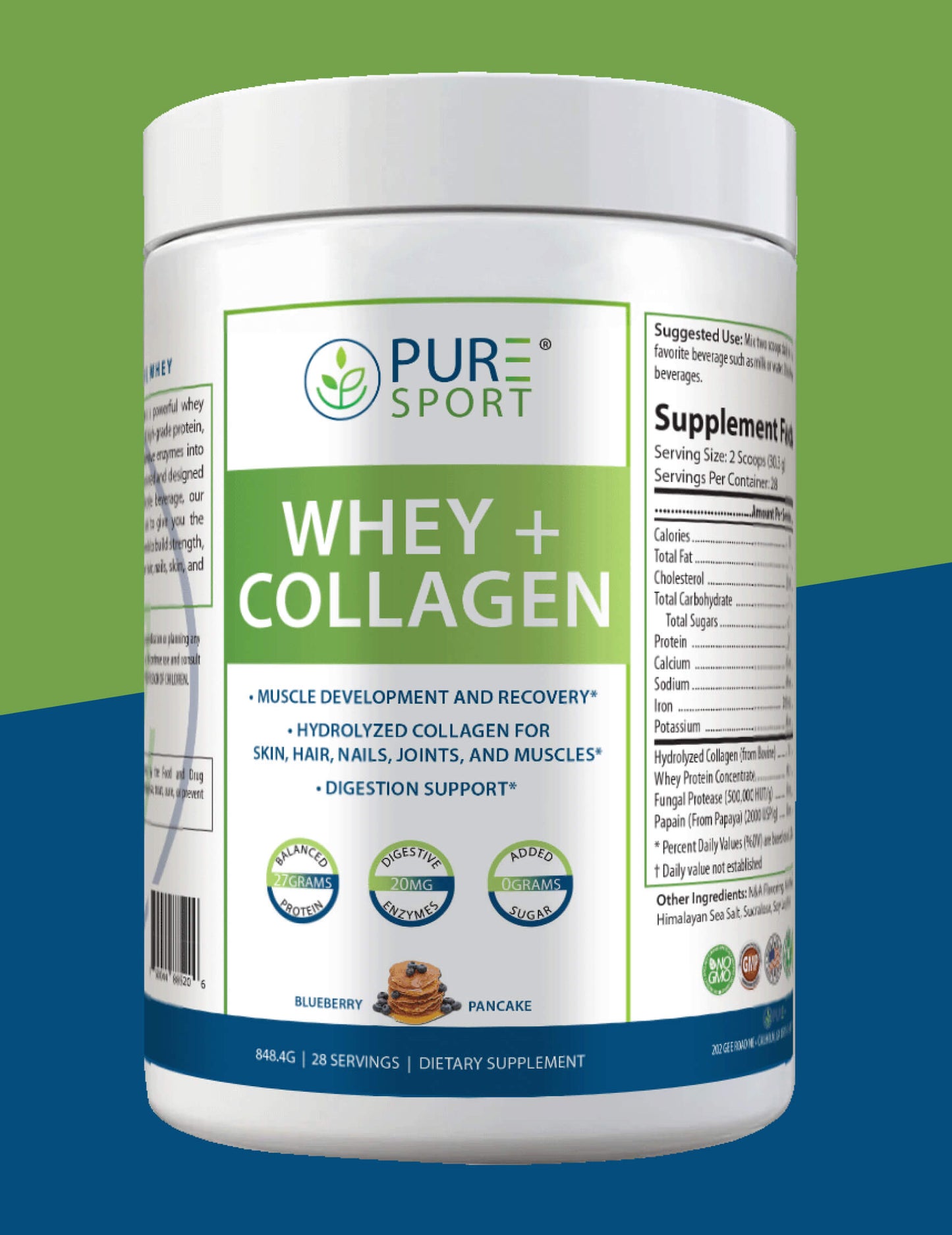 Front view of PURE® Sport Whey + Collagen Protein powder container in Blueberry Pancake flavor. Label highlights benefits including muscle development and recovery, hydrolyzed collagen for skin, hair, nails, joints, and digestion support. Claims include 27g protein, 20mg digestive enzymes, and 0g added sugars. Product contains 28 servings (848.4g) and is labeled as a dietary supplement with icons for non-GMO and GMP certifications.