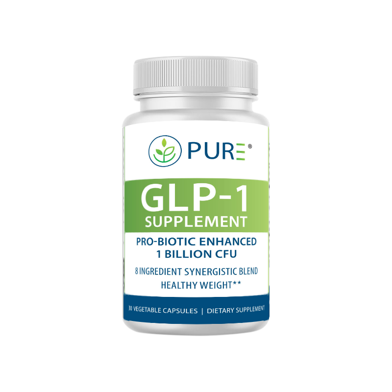 PURE GLP-1 Supplement bottle with green and white label. Text highlights 'Pro-biotic enhanced 1 billion CFU,' '8 ingredient synergistic blend,' and 'Healthy weight.' Contains 30 vegetable capsules.