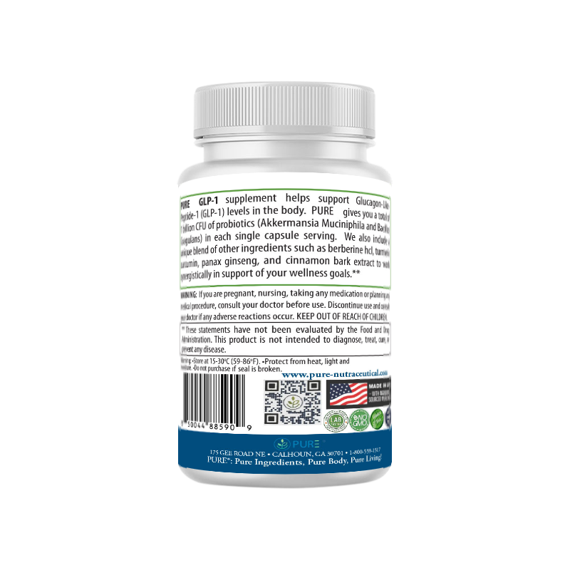 Side view of PURE GLP-1 Supplement bottle showing Supplement Facts label with detailed ingredient amounts and additional information on vegetarian capsule composition.