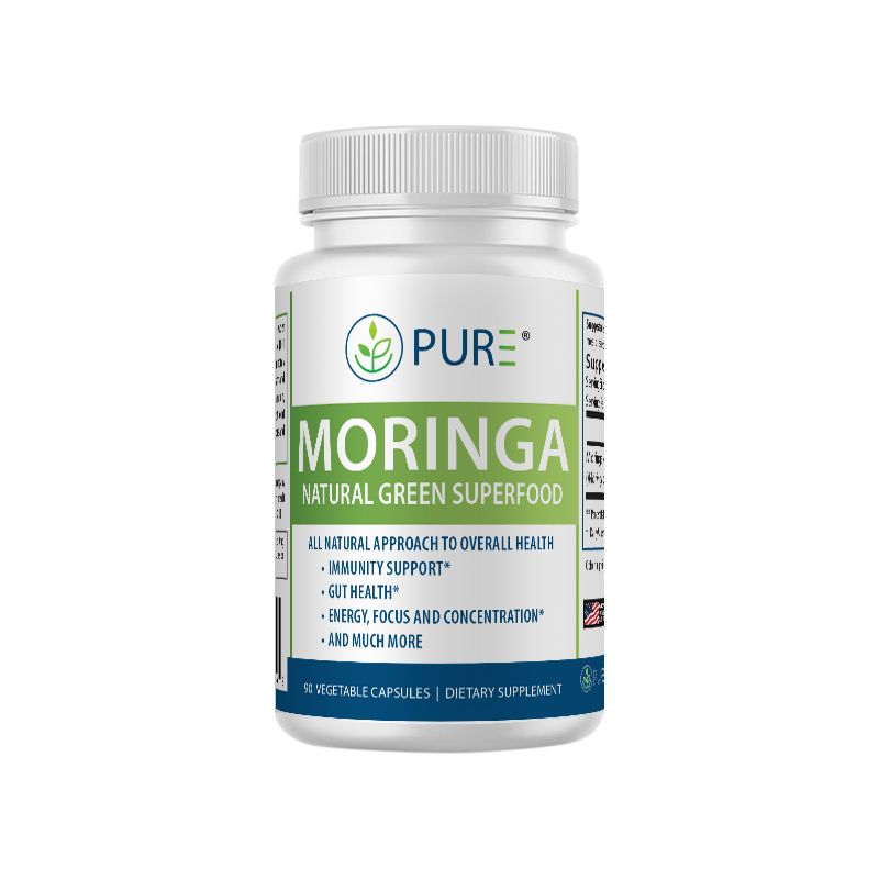 Front view of PURE® Moringa Natural Green Superfood bottle. The white label features green and blue accents, highlighting key benefits: immunity support, gut health, energy, focus, and concentration. The product contains 90 vegetable capsules and is marketed as an all-natural dietary supplement.