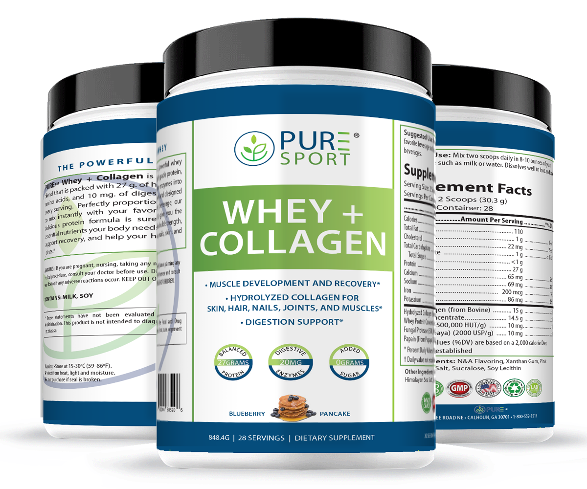 PURE® Whey + Collagen Protein Powder | 848g, 27g Protein, 28 Servings, Vanilla Bean and Blueberry Pancake, Muscle Recovery, Skin & Joints, USA-Made!