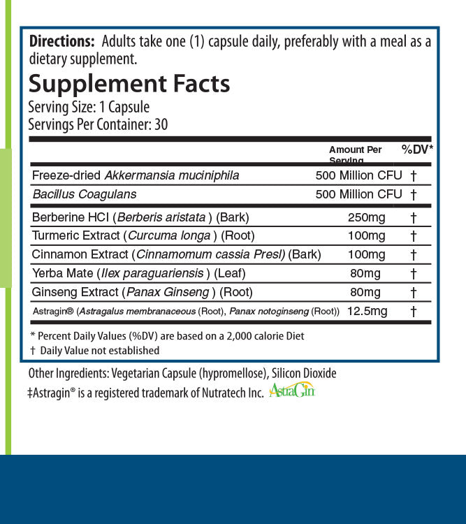 Supplement Facts label for PURE GLP-1 Supplement showing ingredients per capsule, including probiotics Akkermansia muciniphila and Bacillus coagulans (500 million CFU each), Berberine HCl 250 mg, Turmeric Extract 100 mg, Cinnamon Extract 100 mg, Yerba Mate 80 mg, Ginseng Extract 80 mg, and Astragin 12.5 mg.