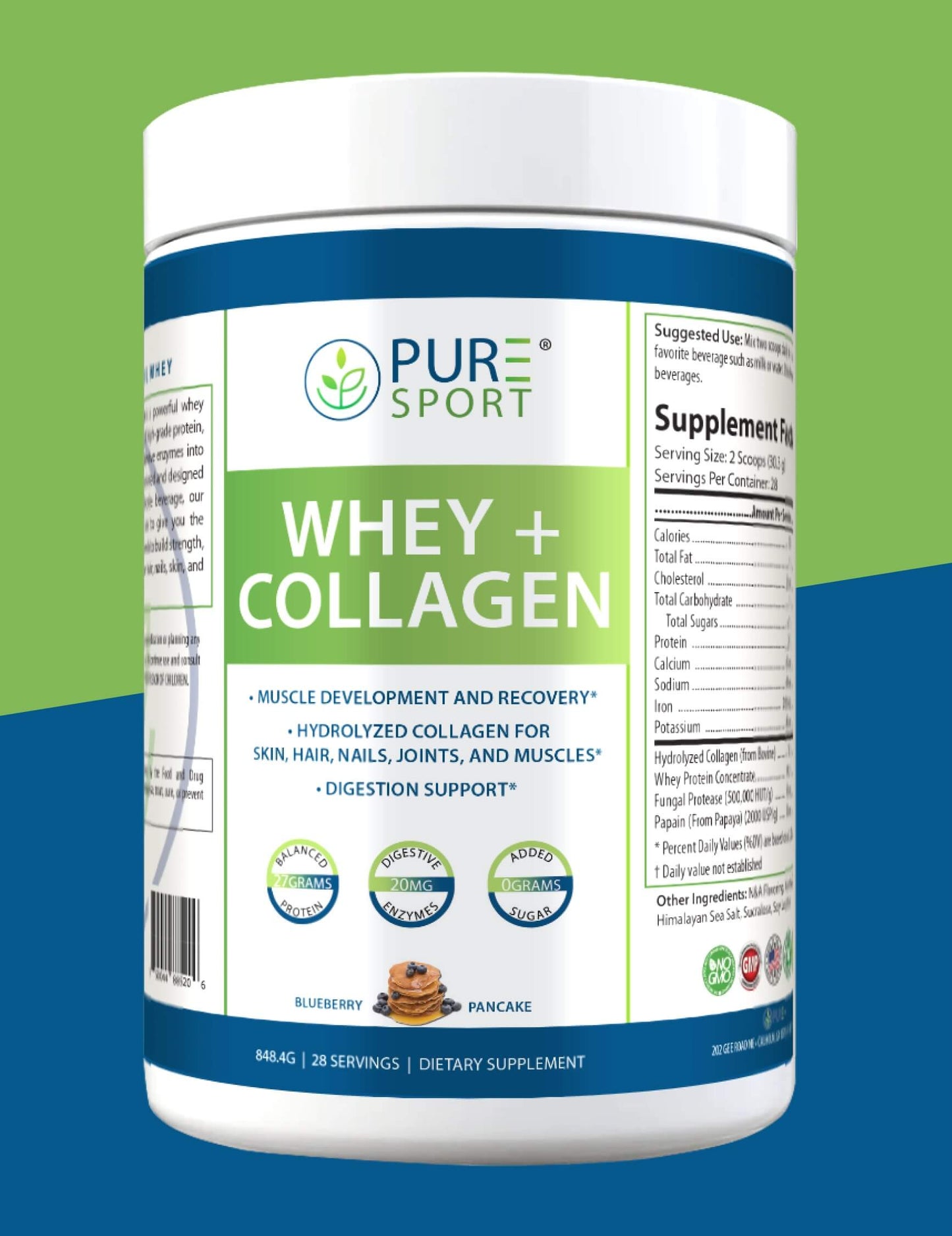 PURE® Whey + Collagen Protein | Premium Protein & Joint Support | Vanilla Bean, Blueberry Pancake, Powder (28 Servings) | Muscle Recovery | Metabolism Boost | Skin & Joint Health