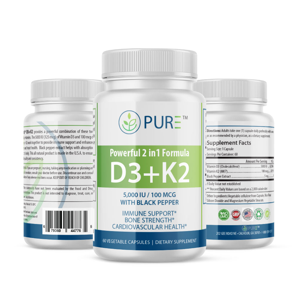 Three-bottle display of PURE® D3 + K2 dietary supplement showing the front, left, and right sides of the label. The center bottle highlights the product's name and benefits: “Powerful 2 in 1 Formula D3 + K2 – 5,000 IU / 100 MCG with Black Pepper – Immune Support*, Bone Strength*, Cardiovascular Health*.” Side bottles show supplement facts, suggested use, and additional product information. Each bottle contains 60 vegetable capsules.