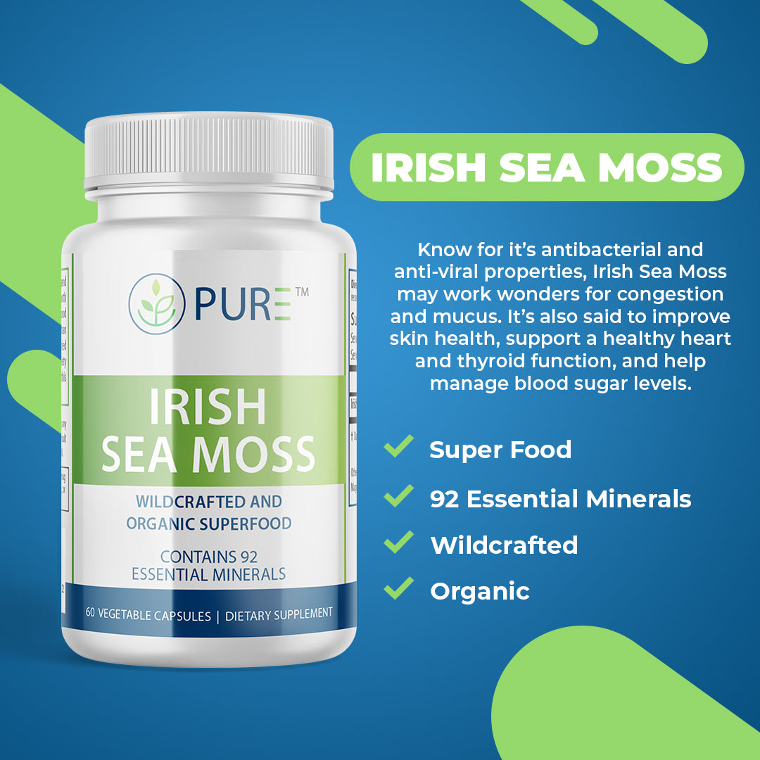 Promotional graphic for PURE® Irish Sea Moss supplement. Features a bottle image alongside product benefits, including antibacterial and antiviral properties, support for skin, heart, and thyroid health, and blood sugar management. Highlights include: Super Food, 92 Essential Minerals, Wildcrafted, and Organic.