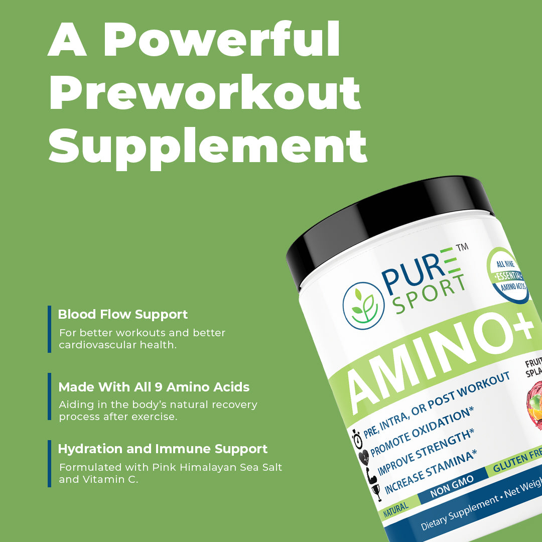 Promotional banner for PURE® Sport Amino+ Fruit Splash flavor. The text highlights the product as a powerful pre-workout supplement with benefits like blood flow support, hydration, immune support, and recovery with all 9 essential amino acids. A tilted product container is shown on the right with label details promoting strength, stamina, and oxidation support. The background is green with clean, bold white and blue text.