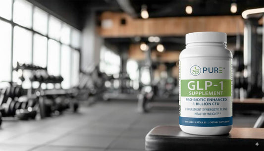 Bottle of PURE® GLP-1 Supplement placed on a bench in a modern gym setting, emphasizing fitness and healthy weight support.