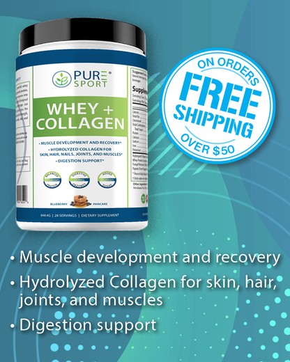 PURE® Whey + Collagen Protein Powder | 848g, 27g Protein, 28 Servings, Vanilla Bean and Blueberry Pancake, Muscle Recovery, Skin & Joints, USA-Made!