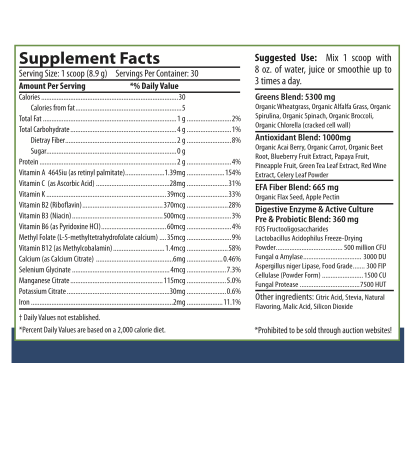 Raw Organic Greens Superfoods | Spirulina, Detox, Mango, Lemon Lime, 30 Servings, USA!