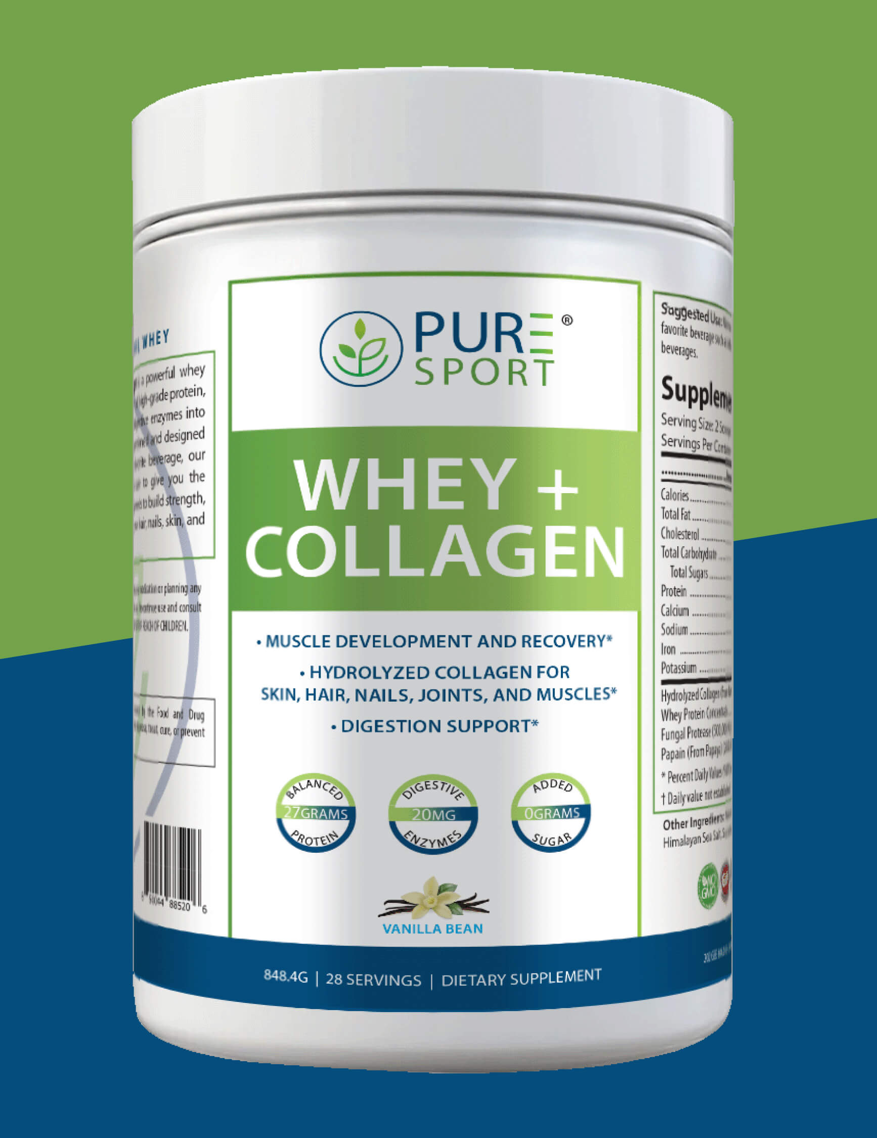 PURE® Sport Whey + Collagen Protein powder container in Vanilla Bean flavor. Promotes muscle development, recovery, digestion, and support for skin, hair, nails, joints, and muscles. Highlights include 27g protein, 20mg digestive enzymes, and 0g added sugar per serving. Contains 28 servings per 848.4g container.