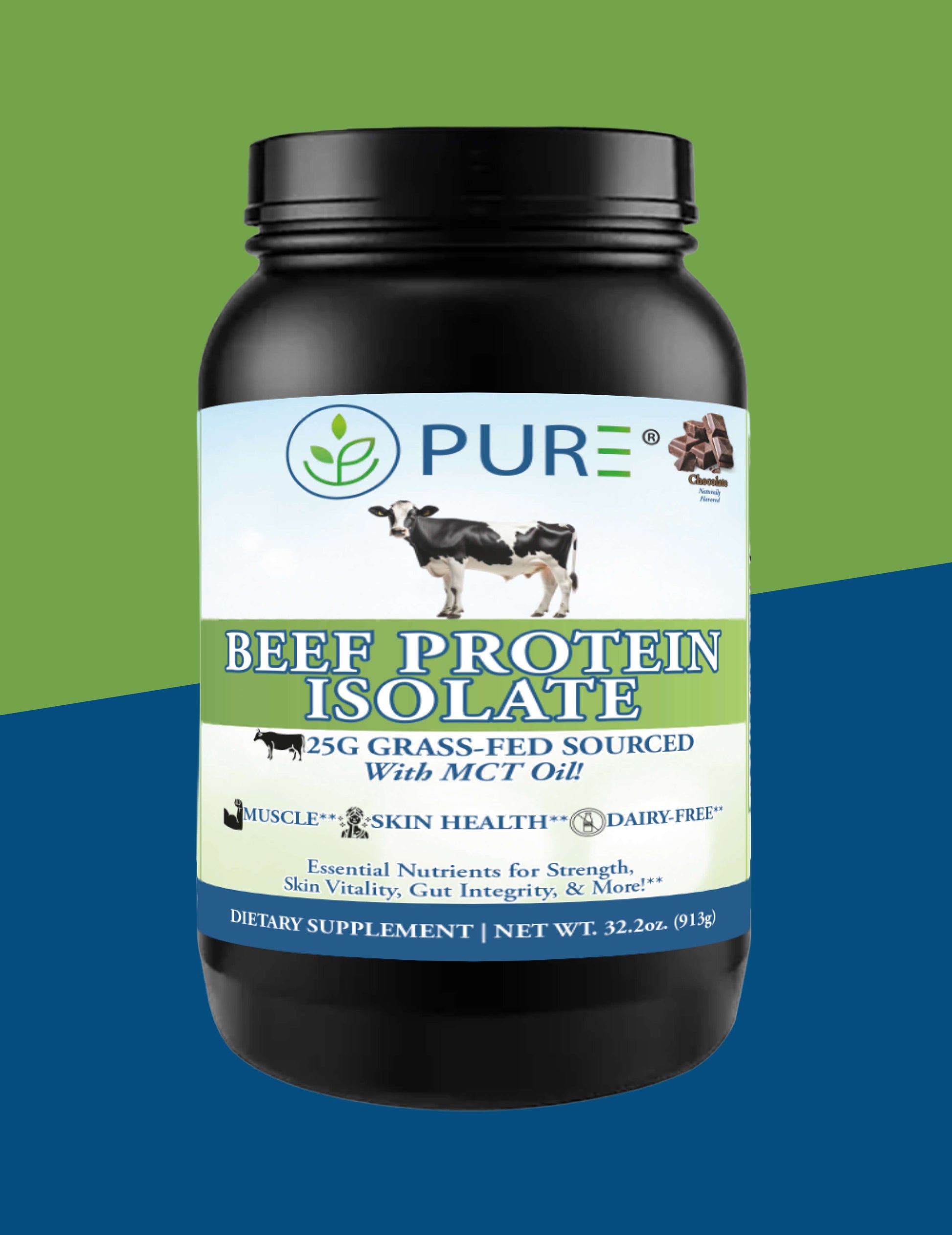 PURE Beef Protein Isolate chocolate bottle on a green and navy diagonal color background