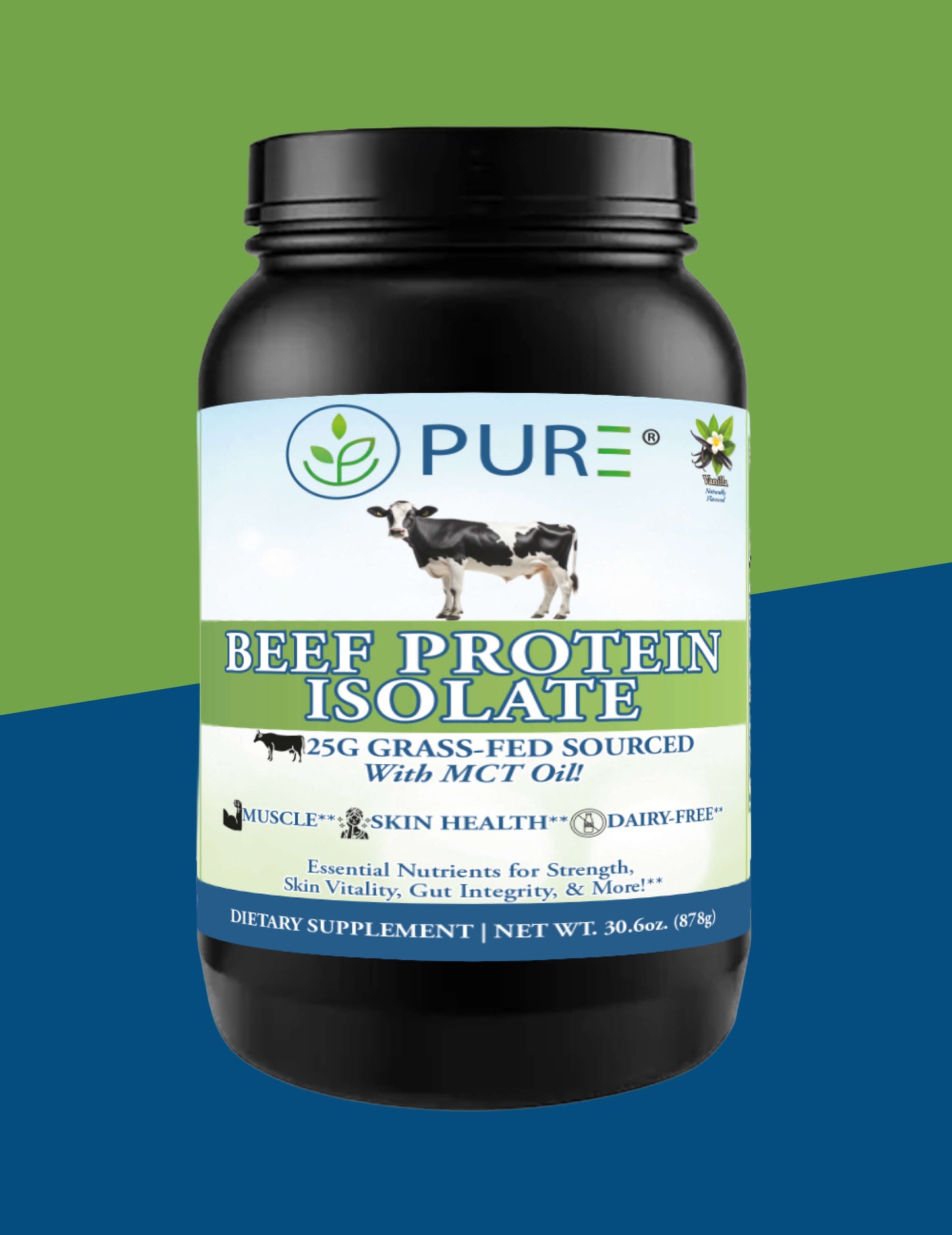 PURE Beef Protein Isolate vanilla bottle on a green and navy diagonal color background,