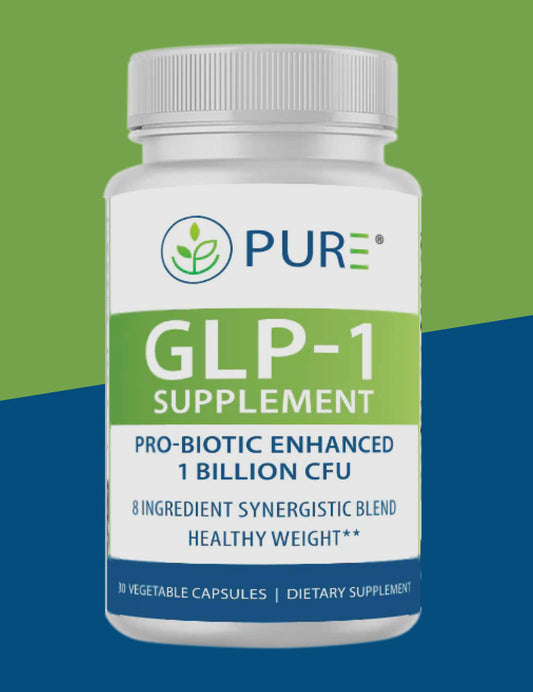 White supplement bottle labeled PURE GLP-1 Supplement. The label highlights 'Pro-biotic enhanced 1 billion CFU,' '8 ingredient synergistic blend,' and 'Healthy weight.' Contains 30 vegetable capsules. Green and blue background.