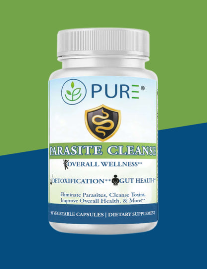 Pure Parasite Cleanse dietary supplement bottle with green and blue label, 90 vegetable capsules for gut health and overall wellness.