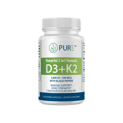 Front-facing product image of PURE® D3 + K2 supplement bottle. The label highlights its "Powerful 2 in 1 Formula" with 5,000 IU of Vitamin D3 and 100 mcg of Vitamin K2, enhanced with Black Pepper for absorption. Key benefits listed include immune support, bone strength, and cardiovascular health. The bottle contains 60 vegetable capsules and is branded with the PURE® logo.