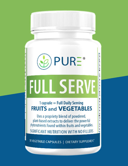 Front-facing bottle of PURE® Full Serve dietary supplement featuring 30 vegetable capsules. The label states that one capsule delivers a full daily serving of fruits and vegetables, using a proprietary blend of powdered plant-based extracts. Emphasizes “Significant Nutrition with No Fillers” in bold blue and white text on a green-and-blue label.