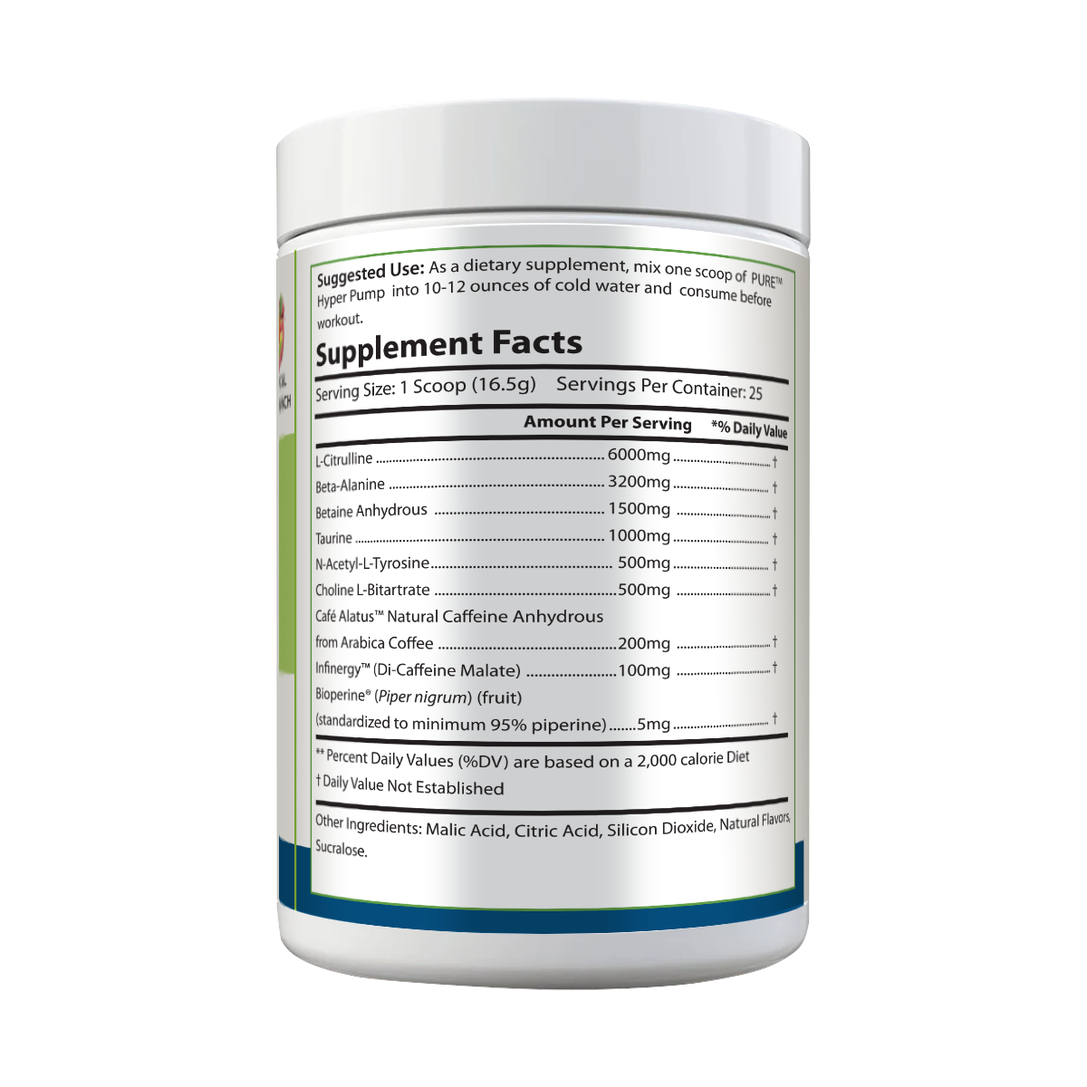 Side view of the PURE® Hyper Pump pre-workout container showing the Supplement Facts panel. Lists key ingredients per 1-scoop (16.5g) serving, including 6000mg L-Citrulline, 3200mg Beta-Alanine, 1500mg Betaine Anhydrous, 1000mg Taurine, and caffeine sources like Café Alatus™ and Infinergy™. Also includes Bioperine®, flavor additives, and usage instructions to mix with 10–12 oz of water.