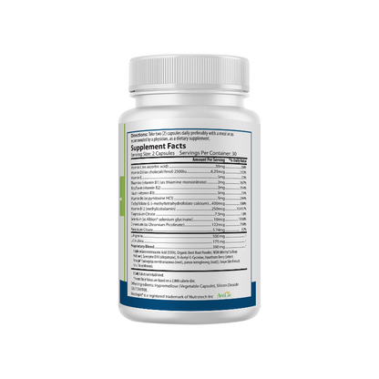 Side view of the PURE® L-Arginine+ supplement bottle displaying the Supplement Facts label. It details ingredients including L-Arginine, L-Citrulline, magnesium citrate, vitamins B6 and B12, vitamin C, vitamin D3, and a proprietary blend with natural extracts. The label includes dosage instructions and daily values per serving of two capsules.