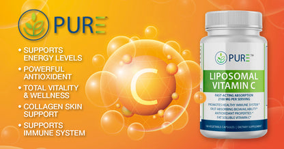 Promotional banner for PURE® Liposomal Vitamin C supplement featuring a bottle on the right with highlighted benefits on the left: supports energy levels, provides powerful antioxidant protection, promotes total vitality and wellness, supports collagen for skin, and boosts the immune system. Background features a glowing vitamin C molecule graphic on a bright orange gradient.