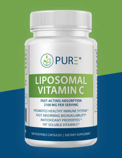 Bottle of PURE® Liposomal Vitamin C dietary supplement with a green and white label. Text highlights 2100 mg per serving, fast-acting absorption, immune system support, antioxidant properties, and high bioavailability. The bottle contains 180 vegetable capsules and is set against a green and blue background.