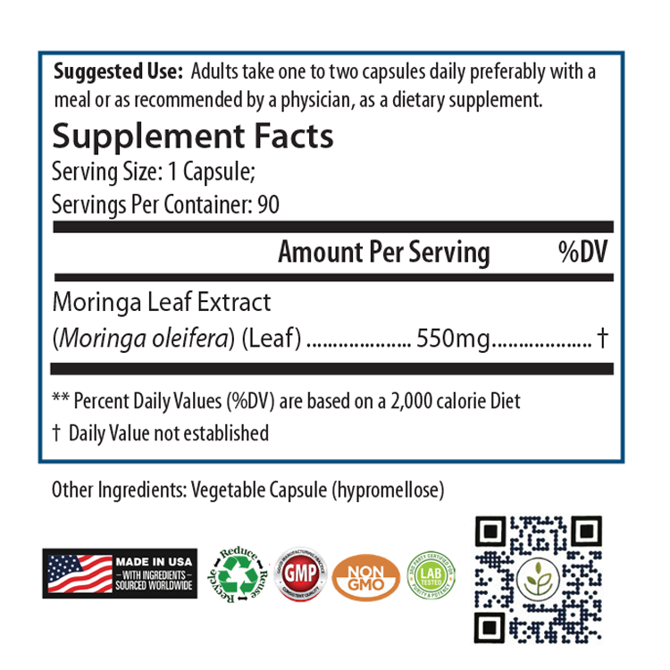 Supplement Facts label for PURE® Moringa capsules. Suggested use: Adults take one to two capsules daily with a meal or as directed by a physician. Each capsule contains 550mg of Moringa Leaf Extract (Moringa oleifera). The daily value is not established. Other ingredient: vegetable capsule (hypromellose). Icons at the bottom indicate the product is made in the USA with globally sourced ingredients, GMP certified, non-GMO, lab tested, and eco-friendly. Includes a QR code and a PURE logo.