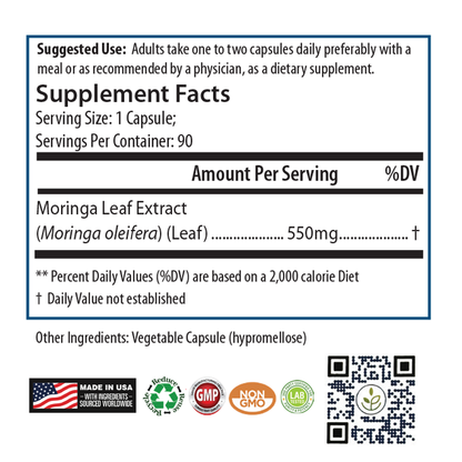 Supplement Facts label for PURE® Moringa capsules. Suggested use: Adults take one to two capsules daily with a meal or as directed by a physician. Each capsule contains 550mg of Moringa Leaf Extract (Moringa oleifera). The daily value is not established. Other ingredient: vegetable capsule (hypromellose). Icons at the bottom indicate the product is made in the USA with globally sourced ingredients, GMP certified, non-GMO, lab tested, and eco-friendly. Includes a QR code and a PURE logo.
