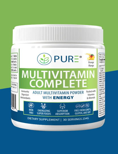 Front-facing image of a white container of PURE® Multivitamin Complete in Orange Mango flavor. The label highlights "Immunity," "Digestion," and "Antioxidants," with icons for "Iron Free," "Energizing Super Foods," "Superior Absorption," and "Free from GMOs, Gluten, and Soy." Described as an adult multivitamin powder with energy support and packed with vitamins and minerals. Features green, white, and blue branding with a fruit splash graphic. Contains 30 servings (234g).
