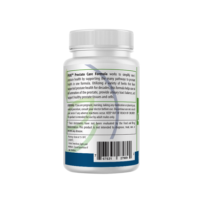 Left panel of PURE® Prostate Care Formula bottle showing product description, usage warnings, FDA disclaimer, and barcode. Text highlights herbal ingredients supporting prostate health, urinary tract balance, and inflammation reduction.