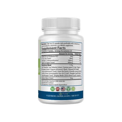 Back view of PURE® Prostate Care Formula bottle showing Supplement Facts label, with directions to take two capsules daily. Includes ingredients like Saw Palmetto, Beta-Sitosterol, Pygeum, and Uva Ursi in a proprietary blend, along with vitamins B6, Zinc, Selenium, and Copper.