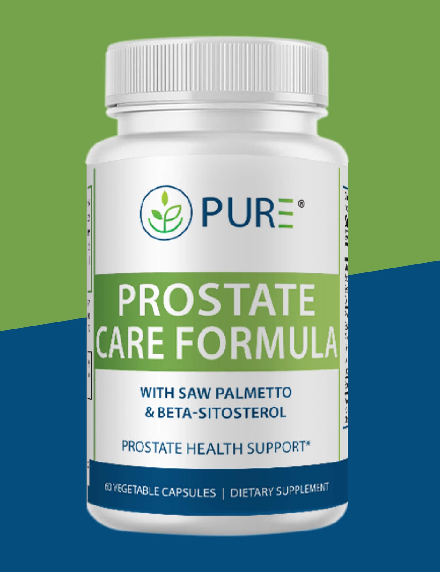 Front label of PURE® Prostate Care Formula dietary supplement bottle. Features a green and white label with the text 'Prostate Care Formula' and highlights key ingredients Saw Palmetto and Beta-Sitosterol for prostate health support. Bottle contains 60 vegetable capsules and promotes comprehensive prostate and urinary support.
