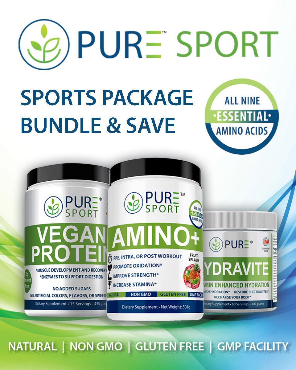 Promotional image for the PURE® Sport product line featuring a Sports Package Bundle. The bundle includes three dietary supplements: Vegan Protein, Amino+ (Fruit Splash flavor), and Hydravite (Strawberry flavor). The image highlights benefits like essential amino acids, natural ingredients, non-GMO, gluten-free, and GMP facility manufacturing. Branding elements emphasize muscle recovery, hydration, and stamina enhancement.