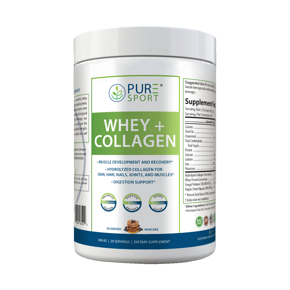 Front view of PURE® Sport Whey + Collagen dietary supplement container, Blueberry Pancake flavor. The label promotes muscle development, joint support, skin and hair benefits, and digestion support. Icons display “27g protein,” “20mg enzymes,” and “0g added sugars.”