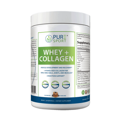 Front view of PURE® Sport Whey + Collagen dietary supplement container, Blueberry Pancake flavor. The label promotes muscle development, joint support, skin and hair benefits, and digestion support. Icons display “27g protein,” “20mg enzymes,” and “0g added sugars.”