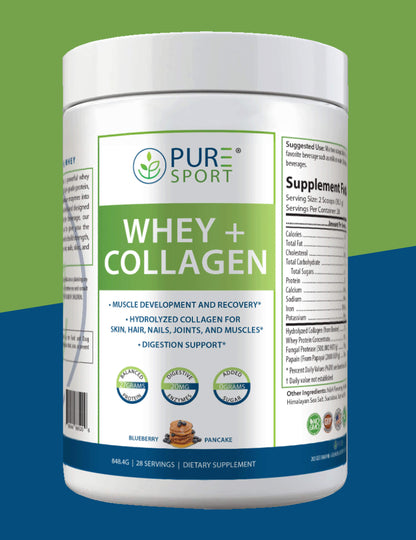 Front view of PURE® Sport Whey + Collagen Protein powder container in Blueberry Pancake flavor. Label highlights benefits including muscle development and recovery, hydrolyzed collagen for skin, hair, nails, joints, and digestion support. Claims include 27g protein, 20mg digestive enzymes, and 0g added sugars. Product contains 28 servings (848.4g) and is labeled as a dietary supplement with icons for non-GMO and GMP certifications.