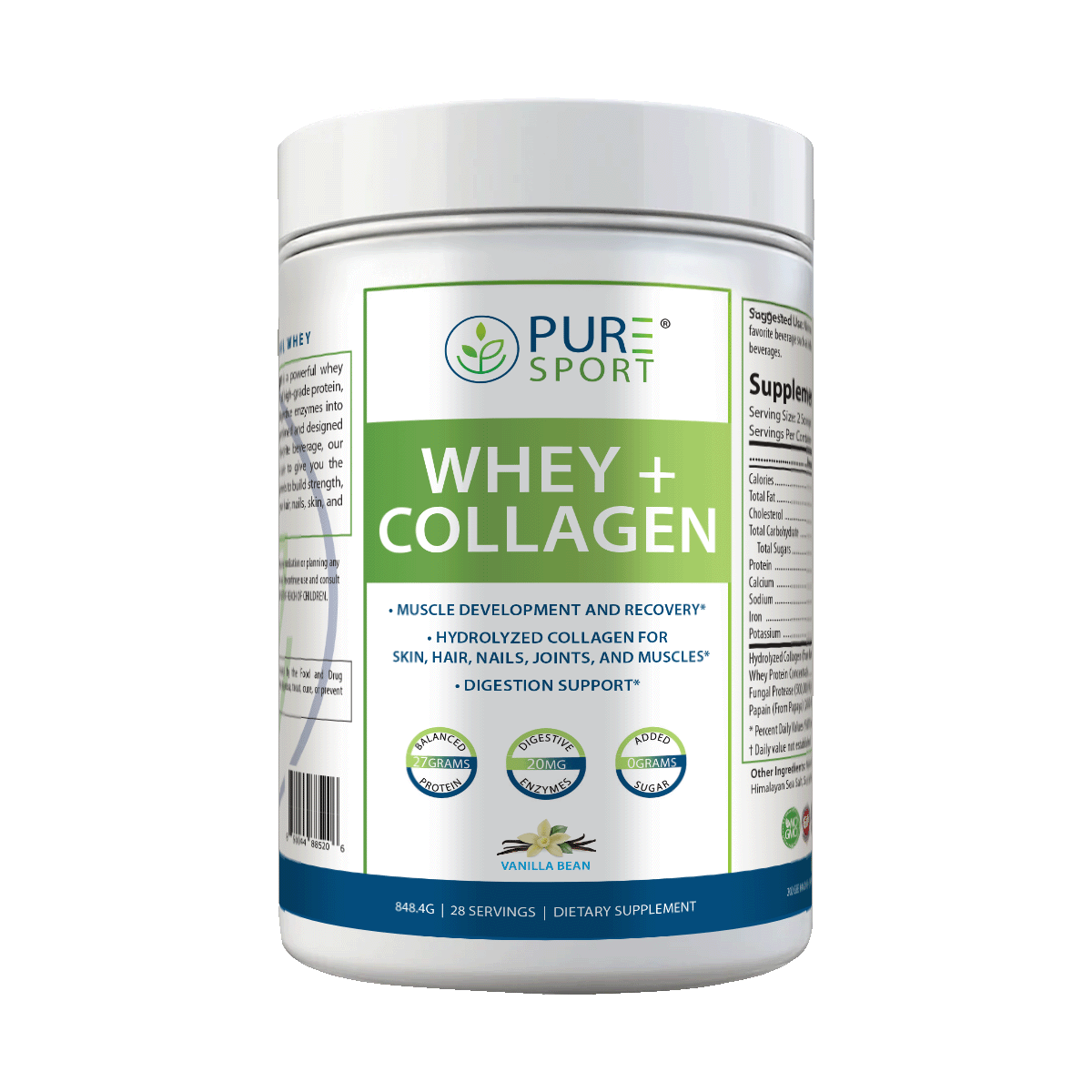 Front view of PURE® Sport Whey + Collagen dietary supplement in Vanilla Bean flavor, highlighting benefits like muscle development, joint and skin support, and digestion. The label features icons for 27 grams of protein, 20mg digestive enzymes, and 0g added sugars. Contains 28 servings per container.