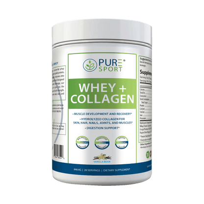 Front view of PURE® Sport Whey + Collagen dietary supplement in Vanilla Bean flavor, highlighting benefits like muscle development, joint and skin support, and digestion. The label features icons for 27 grams of protein, 20mg digestive enzymes, and 0g added sugars. Contains 28 servings per container.