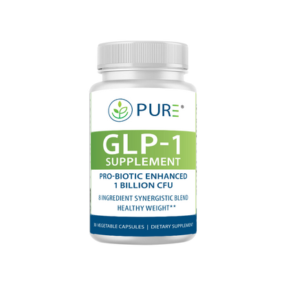 PURE GLP-1 Supplement bottle with green and white label. Text highlights 'Pro-biotic enhanced 1 billion CFU,' '8 ingredient synergistic blend,' and 'Healthy weight.' Contains 30 vegetable capsules.