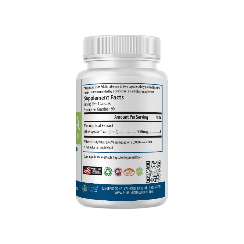 Left side view of PURE® Moringa supplement bottle showing the Supplement Facts label. Each capsule contains 550mg of Moringa Leaf Extract (Moringa oleifera). Suggested use recommends one to two capsules daily with a meal. Bottom of the label displays certification icons: Made in USA, GMP, Non-GMO, Lab Tested, and eco-friendly. Company contact information and QR code are also visible.