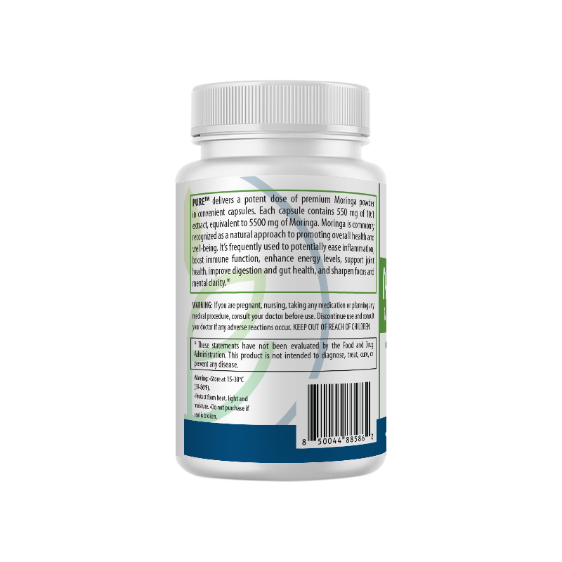 Right side view of PURE® Moringa supplement bottle showing product description and warnings. Text highlights Moringa's potential benefits for inflammation, energy, gut health, joint function, and mental clarity. Includes safety warnings for pregnant or nursing individuals, and a disclaimer that the product is not evaluated by the FDA. A barcode and storage instructions are also shown.