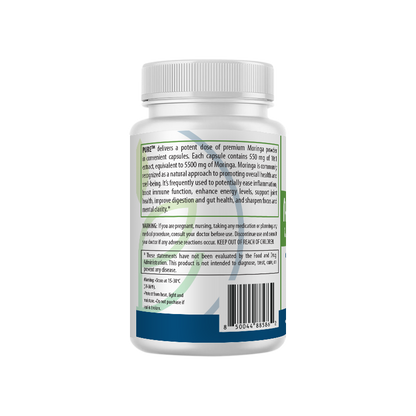 Right side view of PURE® Moringa supplement bottle showing product description and warnings. Text highlights Moringa's potential benefits for inflammation, energy, gut health, joint function, and mental clarity. Includes safety warnings for pregnant or nursing individuals, and a disclaimer that the product is not evaluated by the FDA. A barcode and storage instructions are also shown.