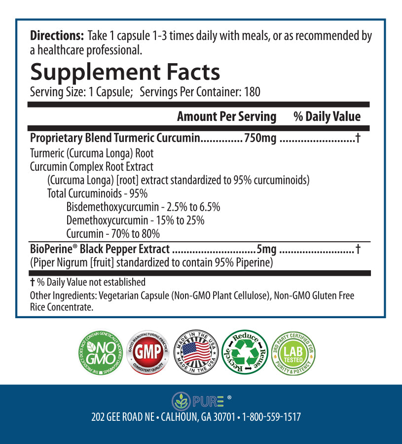 Turmeric Curcumin | 750mg, Black Pepper, Joint, Antioxidant, 180 Caps!