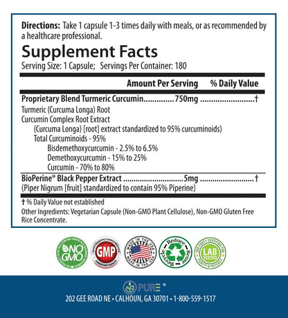 Turmeric Curcumin | 750mg, Black Pepper, Joint, Antioxidant, 180 Caps!