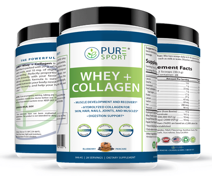 PURE® Whey + Collagen Protein Powder | 848g, 27g Protein, 28 Servings, Vanilla Bean and Blueberry Pancake, Muscle Recovery, Skin & Joints, USA-Made!