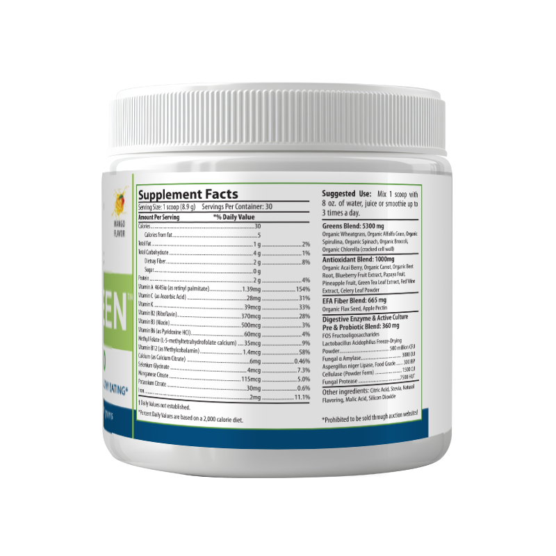 Raw Organic Greens Superfoods | Spirulina, Detox, Mango, Lemon Lime, 30 Servings, USA!